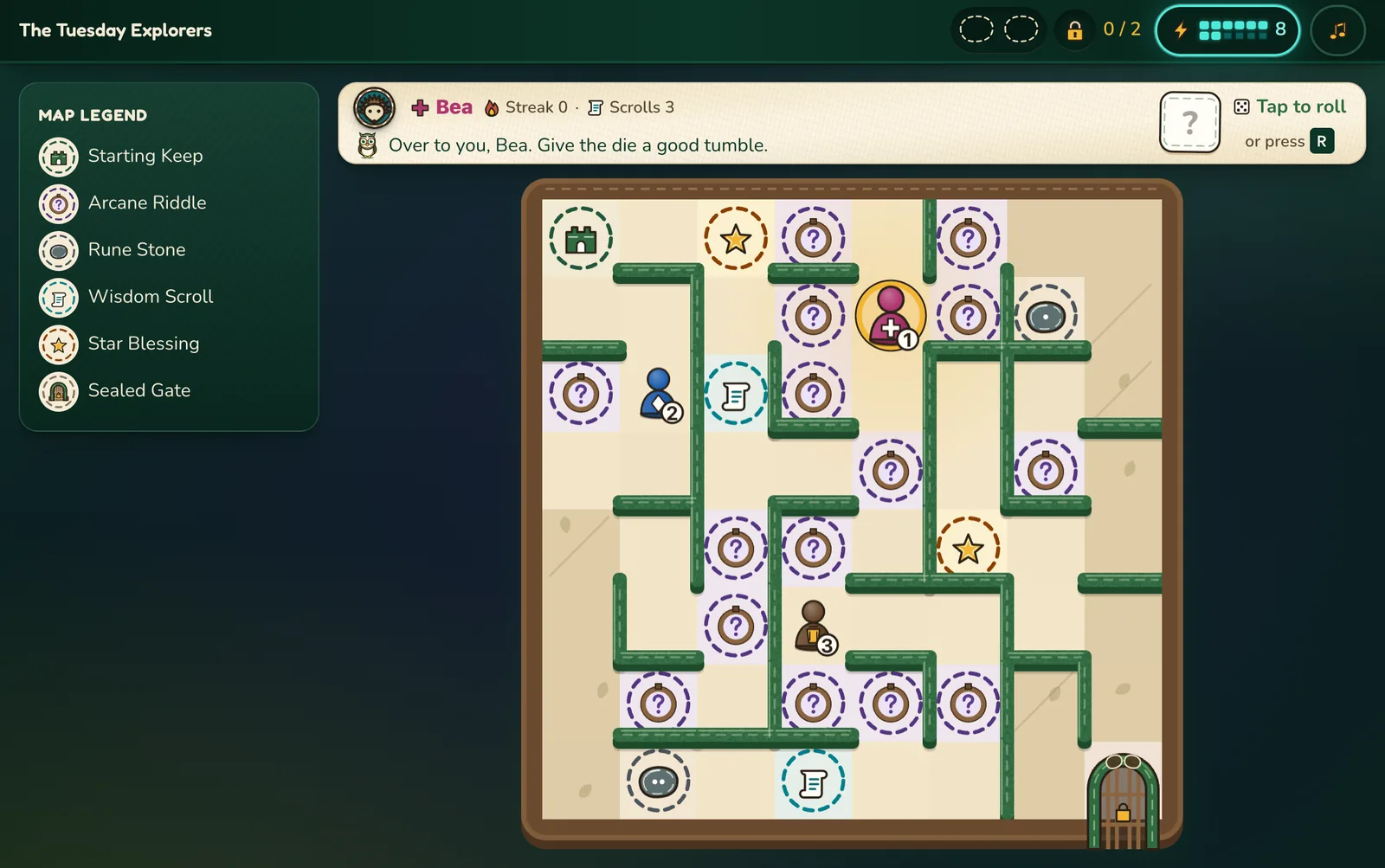 A Tanglehedge game in progress: the hedge maze with three players' tokens part-way along, and riddle squares, Rune Stones and Wisdom Scrolls to walk to.