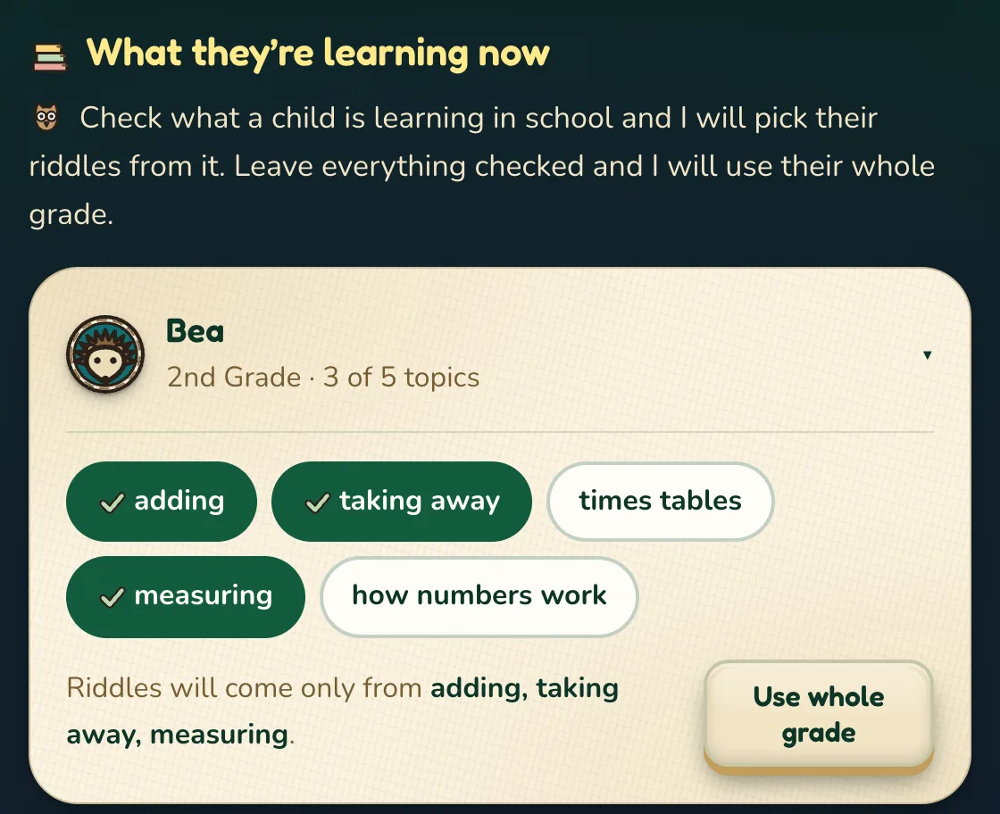 Grown-ups' Corner, What they're learning now. Bea's card, 2nd Grade, 3 of 5 topics: adding, taking away and measuring are checked; times tables and how numbers work are not. A Use whole grade button sits below.